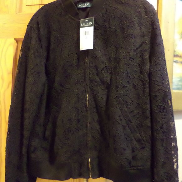LAUREN Black Lace Zip Jacket~Long Sleeves w/ Ribbed Cuffs+Hem-Size:Large New$225 - Picture 1 of 13